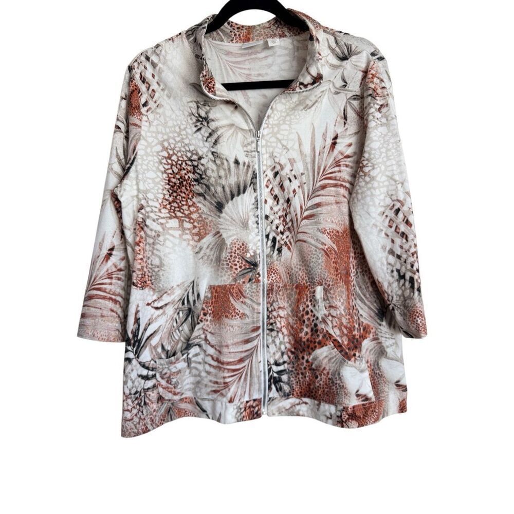 Weekends by Chicos Jacket Womens Size 2 Multicolor Leaf Print 3/4 Sleeve‎ Zip Up